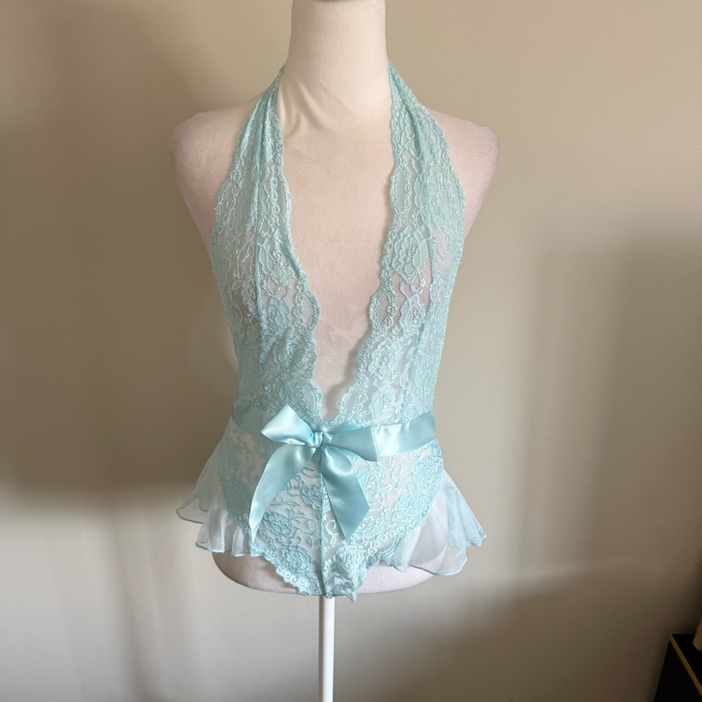 Dreamgirl Light Aqua Lace Halter Teddy with Satin Bow